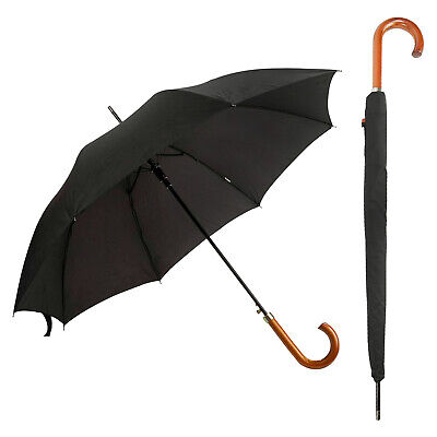 BLACK LONG UMBRELLA W/WOOD HANDLE