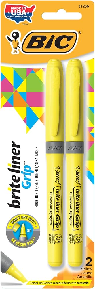 BIC BRITE LINER GRIP HIGHLIGHTER YEL/ 2PK