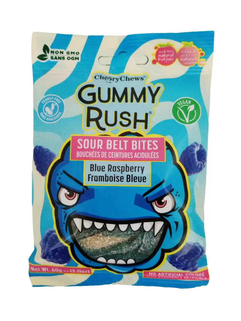 GUMMY RUSH BLUE RASP SOUR BELT BITES 60G 