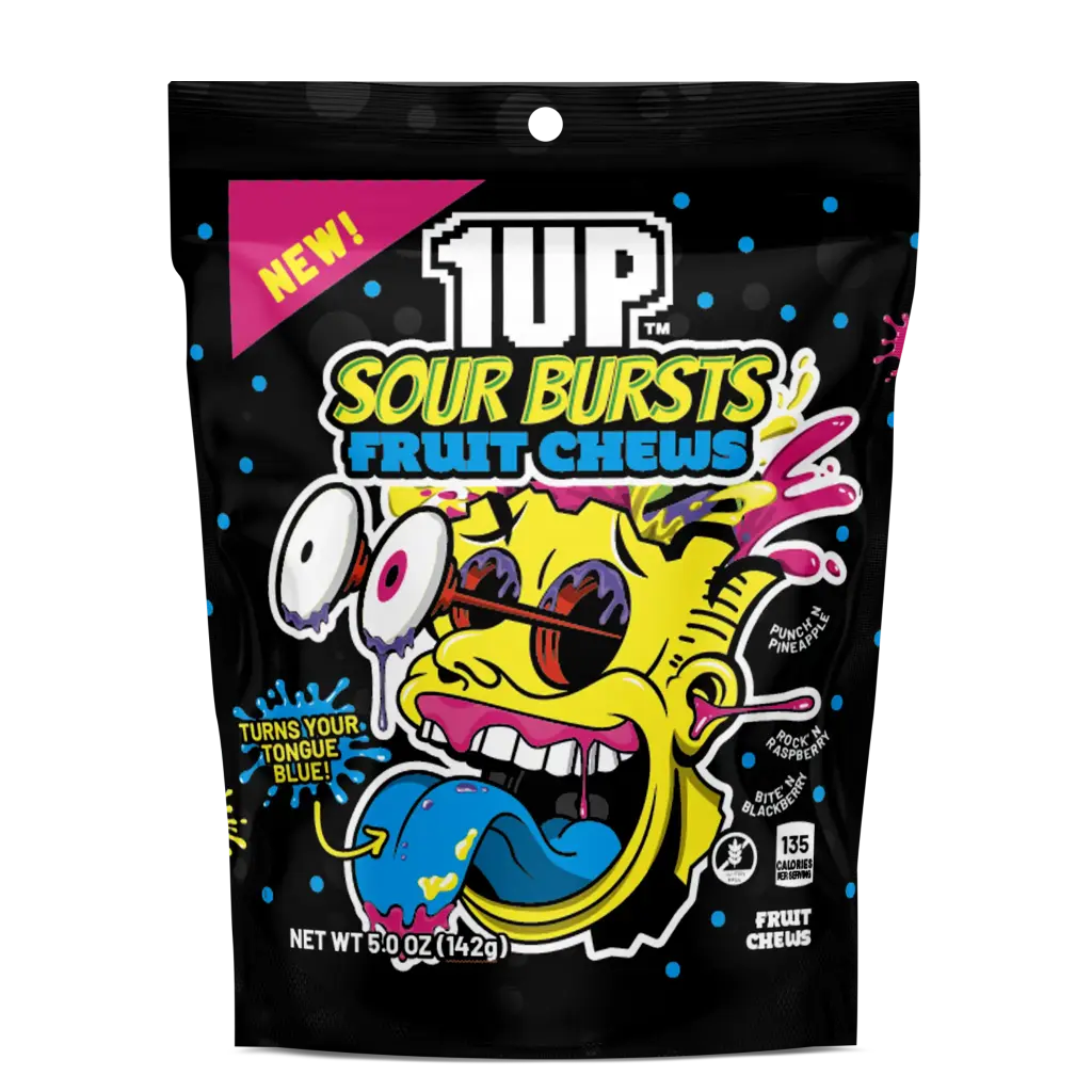 1UP SOUR BLUE BURSTS FRUIT CHEWS 142G