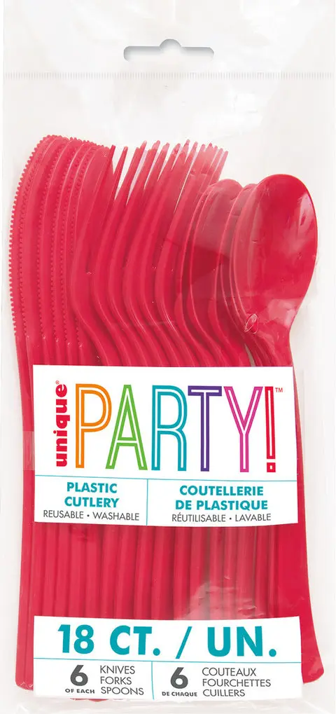 PLASTIC CUTLERY RED ASSORTED 18/PK  