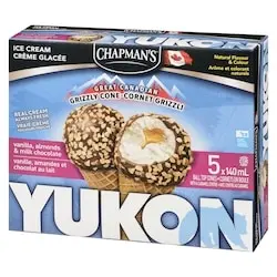CHAPMAN'S YUKON  VANILLA , ALMOND, MILK GRIZZLY CONE 140ML/5CT