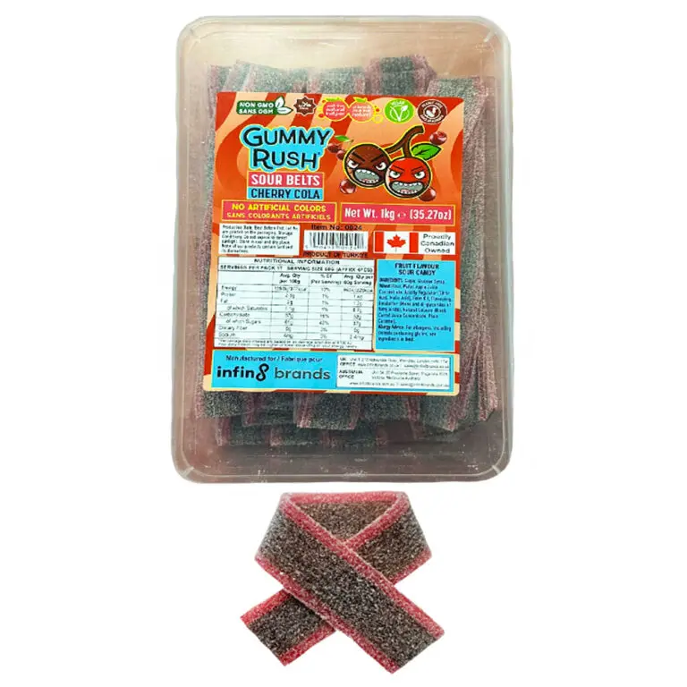 GUMMY RUSH SOUR BELTS CHERRY COLA TUB 1KG