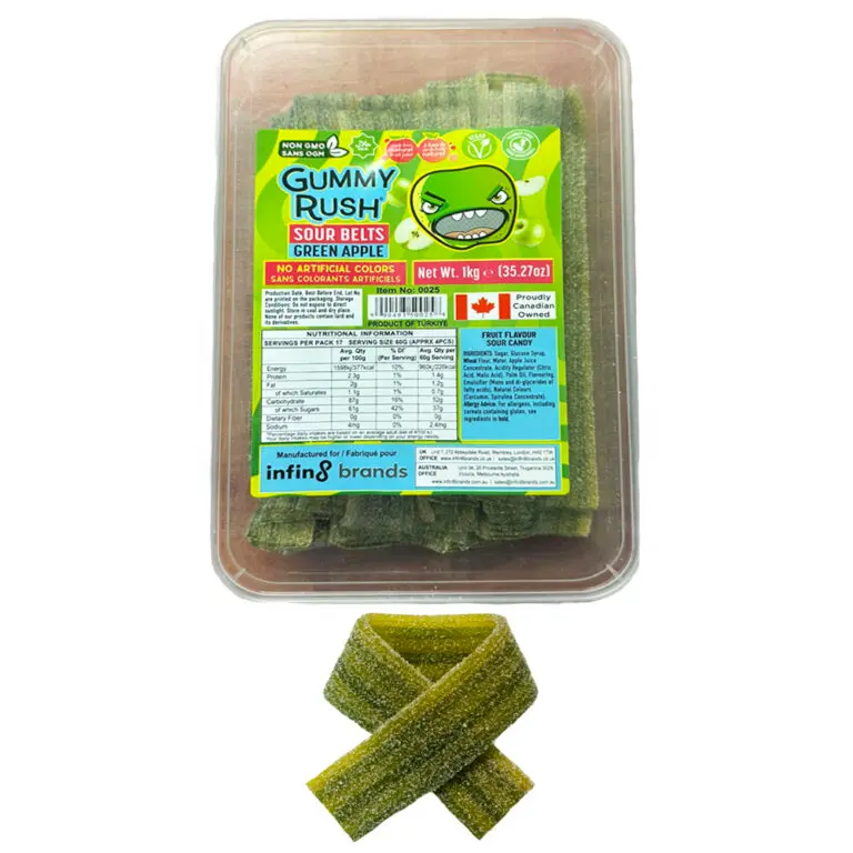 GUMMY RUSH SOUR BELTS GREEN APPLE TUB 1KG