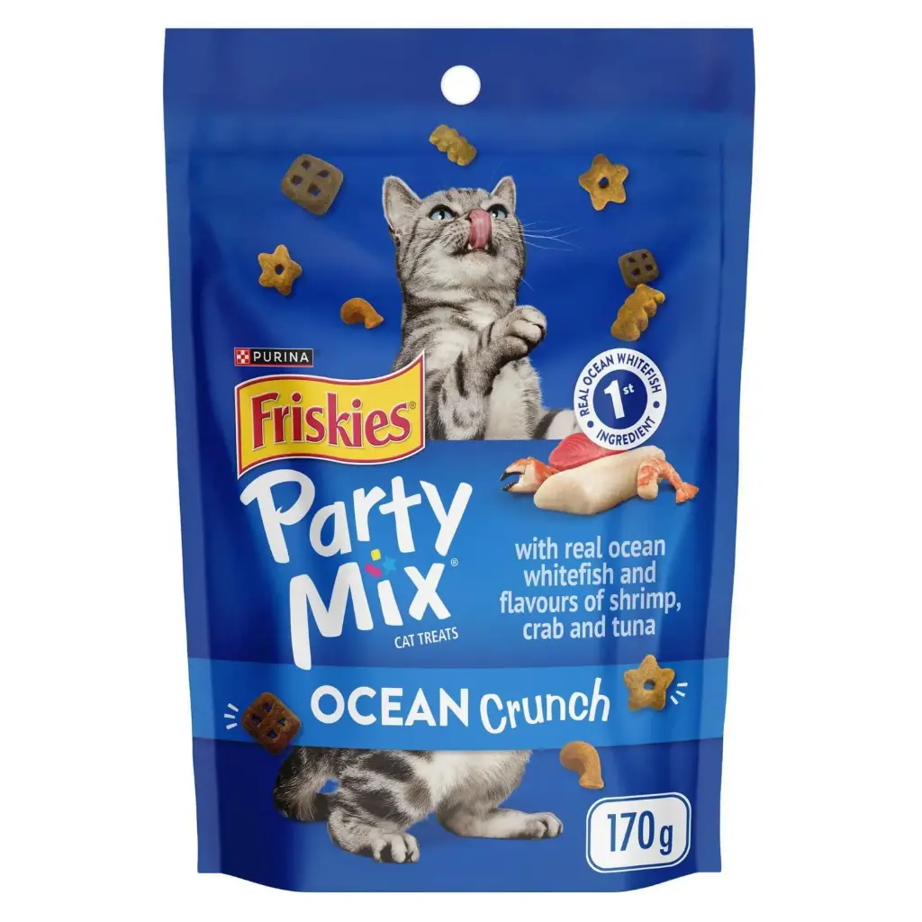 FRISKIES PARTY MIX CRUNCH OCEAN SHRIMP CRAB TUNA 170G