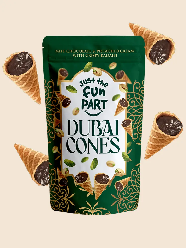 JUST THE FUN PART DUBAI CONES MILK CHOCO/PISTACHIO/KADAIFI 120G