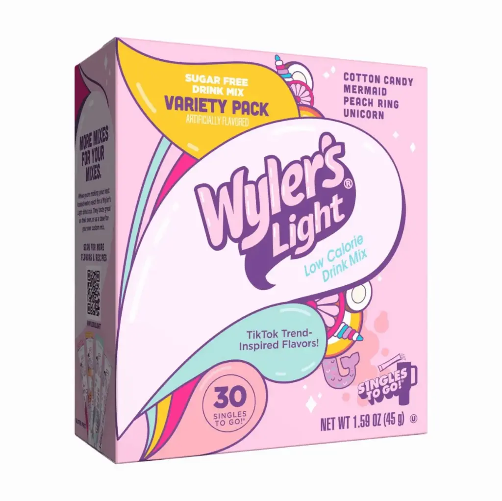 WYLER'S LIGHT ZERO SUGAR SINGLES TO GO VARIETY PACK (COTTON CANDY, MERMAID, PEACH, UNICORN) 30CT