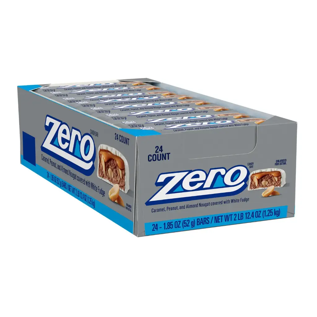ZERO CARAMEL , PEANUT AND ALMOND NOUGAT COVERED WITH WHITE FUDGE (US)  51G/24CT