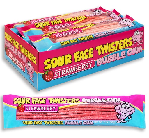 [793216042338] FACE TWISTERS SOUR BUBBLE GUM STRAW.12/CT