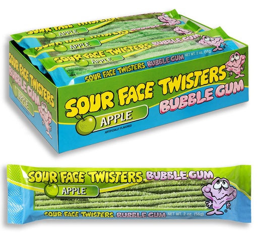 [793216042345] FACE TWISTERS SOUR BUBBLE GUM GREEN APPLE 12/CT