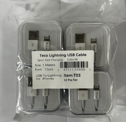 [T03-2] TECO LIGHTNING USB CABLE 12/PK