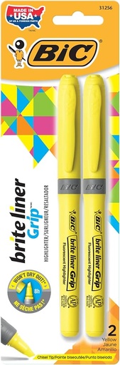 [070330312562] BIC BRITE LINER GRIP HIGHLIGHTER YEL/ 2PK