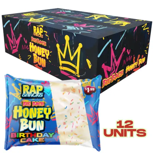 [3769] RAP SNACKS BIG BACK BIRTHDAY CAKE ICED HONEY BUNS 4OZ/12CT