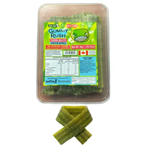 GUMMY RUSH SOUR BELTS GREEN APPLE TUB 1KG