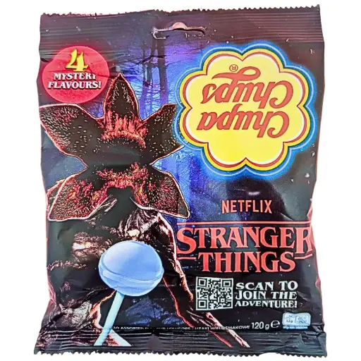 [9428.] CHUPA CHUPS NETFLIX STRANGER THINGS 4 MYSTERY FALVOUR LOLLIPOP 120G