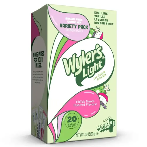 [4840] WYLER'S LIGHT ZERO SUGAR VARIETY PACK KIWI LIME/VANILLA/LAVENDER/DRAGON FRUIT SINGLES TO GO DRINK MIX 20CT