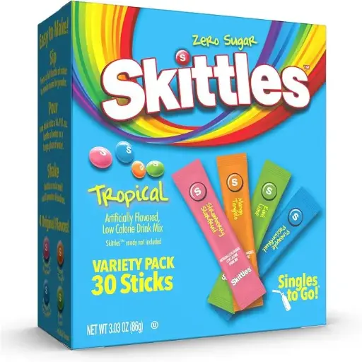 [2930] SKITTLES ZERO SUGAR SINGLES TO GO TROPICAL VARIETY PACK 30CT 